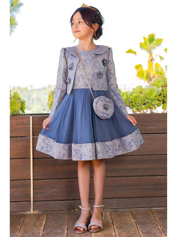 Girls Lala & Erina Royal Blue Jacket Shoulder Bag Dress 3Pc Outfit  SophiasStyle.com model 1